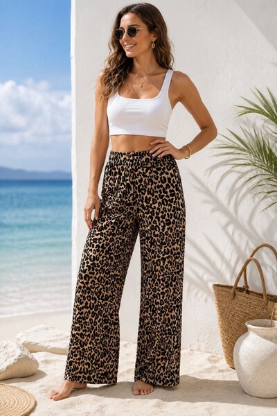Juuuj Leopard Stretchy Polyester Fabric High Waist Elastic Pocketed Loose Cut...