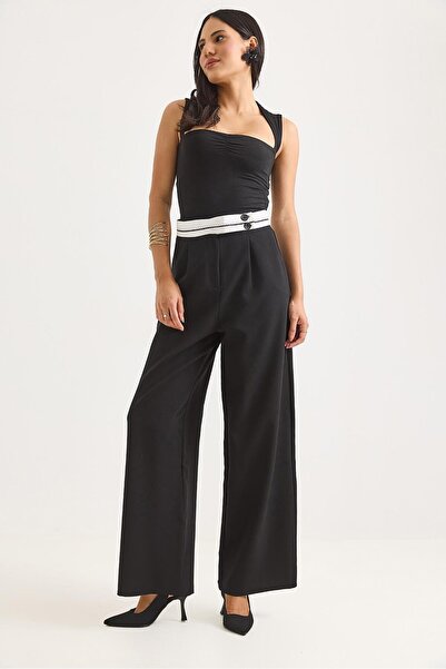 Juuuj Black Polyester Fabric High Waist Wide Leg Draped Form Pants with Waist...