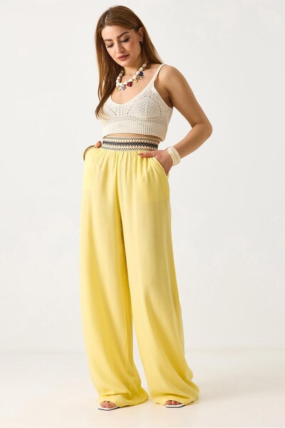 Juuuj Yellow Linen Fabric Ethnic Pattern Elastic Waist Loose Cut Wide Leg Com...