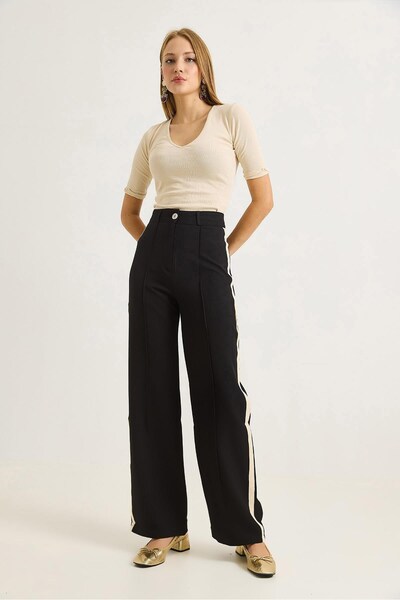Juuuj Black Polyester Fabric High Waist Wide Leg Pants with Stripe Detail on ...