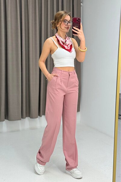 Juuuj Pink Woven Fabric High Waist Relaxed Fit Pleated Straight Leg Pants wit...