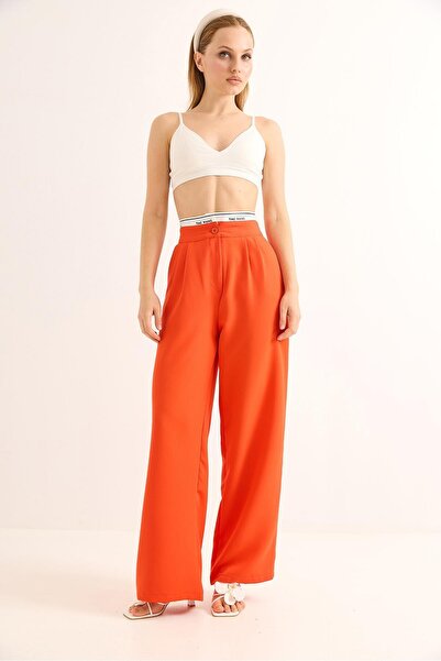 Juuuj Orange Woven Fabric High Waist Wide Leg Palazzo Trousers with Belt Detail