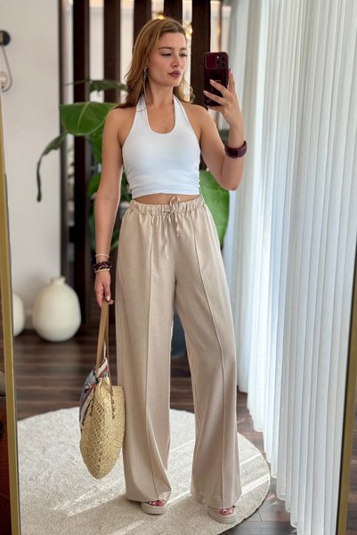 Juuuj Pantaloni largi cu picior lat, cu textură de in crem, talie elastică, c...
