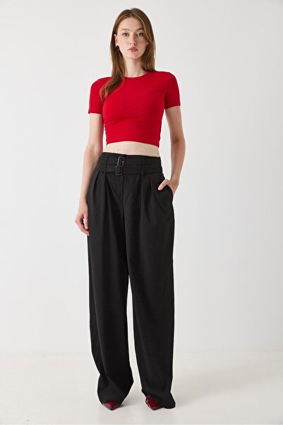 Juuuj Black Elastic Waist Adjustable Double Belt Loose Cut Wide Leg Pants
