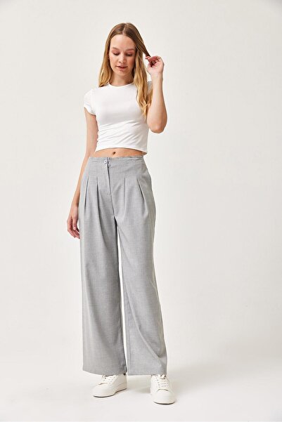 Juuuj Gray Viscose Blended Stretch Fabric Waist Detailed Pleated Loose Cut Wi...