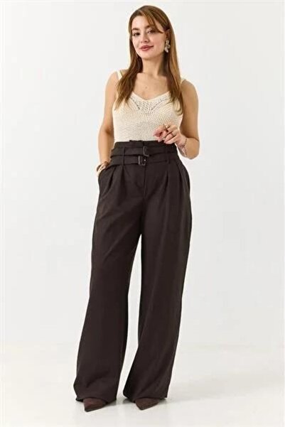 Juuuj Brown Woven Fabric Wide Leg Loose Cut High Waist Trousers with Double B...