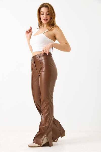 Juuuj Tan Leather Look Comfortable Fit Pants with Elastic Waist, Slit Legs an...