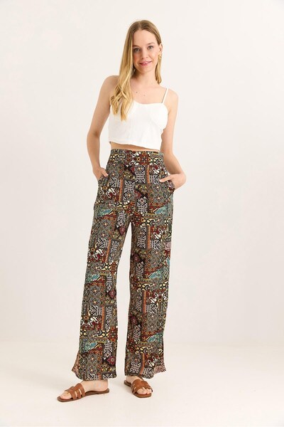 Juuuj Multi-Colored Viscose Fabric High Waist Wide Leg Thick Belted Patterned...