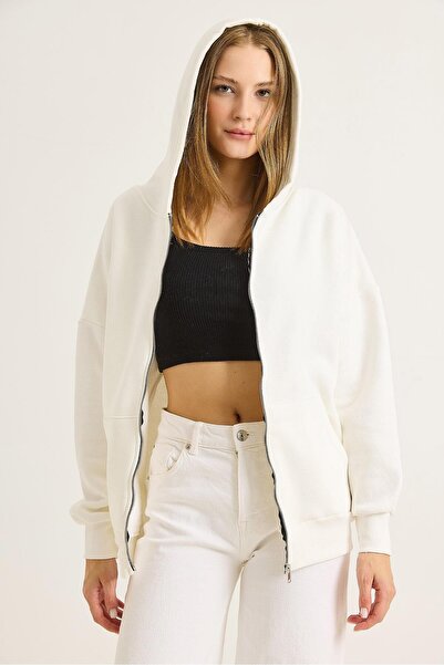 Juuuj White Stretchy Textured Off-Shoulder Oversize Hooded Zippered Pocket Kn...
