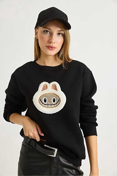 Juuuj Black Cotton Crew Neck Sweatshirt with Three-Yarn Rib Detail and Labubu...