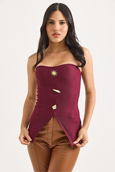 Juuuj Bluză tricotată din țesătură otomană bordeaux, cu decolteu fără bretele...