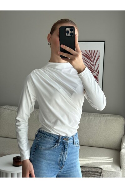 Juuuj White Polyester Fabric Turtleneck Basic Form-Fitting Blouse with Draped...