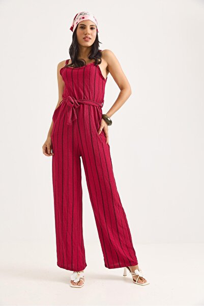 Juuuj Burgundy Modal Fabric Thin Straps Waist Belted Side Pockets Relaxed Fit...