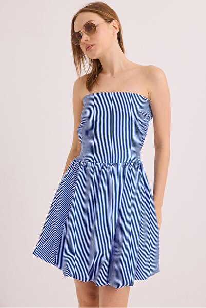 Juuuj Blue Cotton Woven Strapless Neckline Mini Cutout Backless Detailed Dress