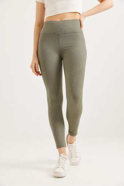 Generic Brand Colanți din poliester texturat elastic, cu talie înaltă, din țesătură ribată kaki.