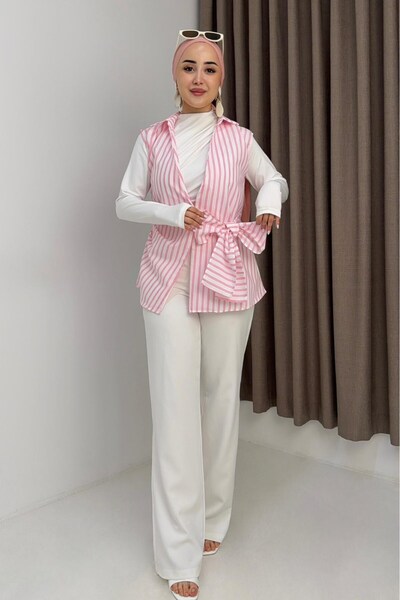 Juuuj Pink Stretchy Fabric Shirt Collar Sleeveless Waist-Tied Detailed Modern...