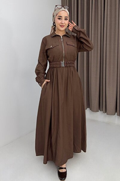 Juuuj Brown Woven Fabric Zippered Shirt Collar Belted Pocket Detailed Relaxed...