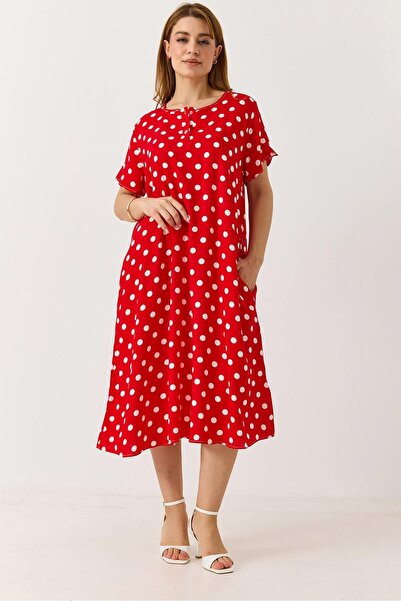 Juuuj Red Stretchy Fabric Shirt Collar Short Sleeve Polka Dot Comfortable Rel...