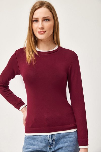 Juuuj Burgundy Viscose Blended Stretch Fabric Crew Neck Long Sleeve Blouse wi...