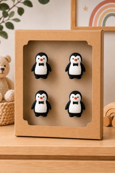Rekatech 4 LÜ SET PENGUEN KULP SETİ Çocuk Odası Örgü Desenli Dekoratif Çekmec...