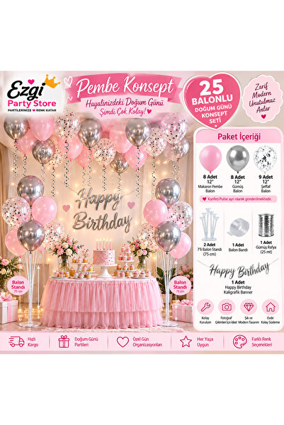 Ezgi Party Store 25 Balonlu Pembe Gümüş Şeffaf Doğum Günü Konsept Seti 2 Adet...