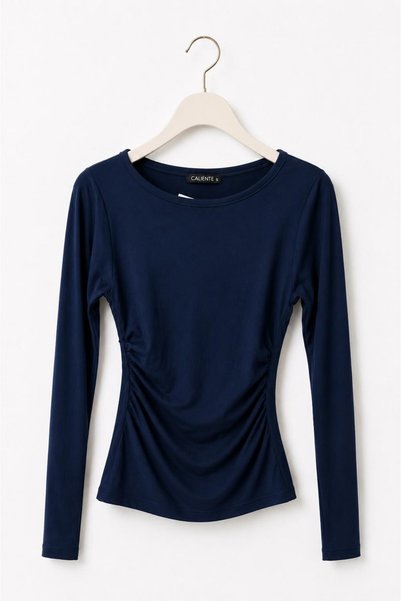 Juuuj Navy Blue Stretchy Viscose Fabric Crew Neck Long Sleeve Side Gathered S...