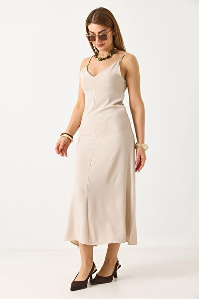 Juuuj Cream Ayrobin Fabric Thin Straps V-Neck Comfortable Fit Midi Length Cas...