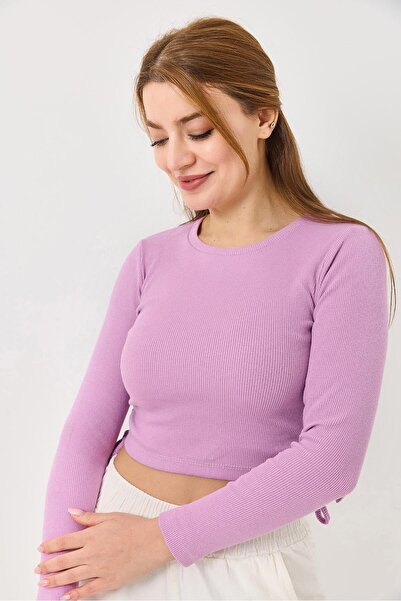 Juuuj Lila Fitilli Esnek Kumaş Bisiklet Yaka Uzun Kollu Crop Form Yanlardan İ...