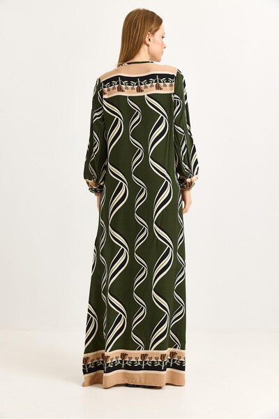 Juuuj Khaki Viscose Fabric Long Sleeve Patterned Dress with Elasticated Sleev...