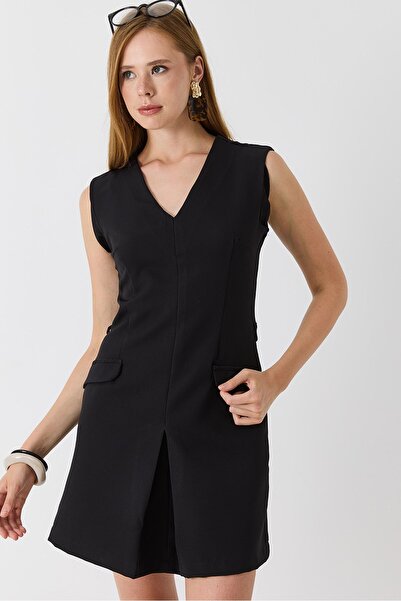 Juuuj Black Stretchy Textured Zero-Sleeve V-Neck Mini Dress with Belt Detail,...