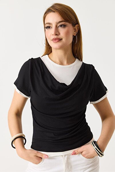 Juuuj Black Two-Color Degaje Collar Short-Sleeved Comfortable Fit Draped Deta...