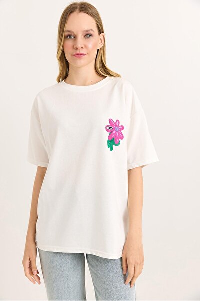 Juuuj White Two Yarn Fabric Crew Neck Basic Form Back and Chest Area Colorful...