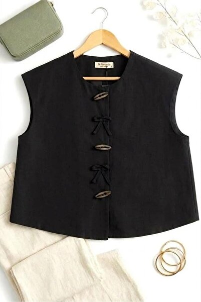 Juuuj Black Woven Fabric Crew Neck Zero Sleeve Relaxed Fit Button Detailed Bo...