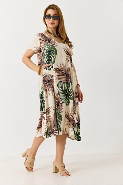 Juuuj Beige Strawberry Fabric V-Neck Short Sleeve Unlined Leaf Pattern Relaxe...