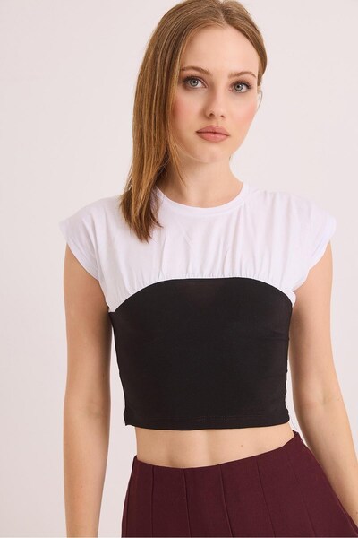 Juuuj Black and White Cotton Blend Crew Neck Short Sleeve Color Block Knitted...