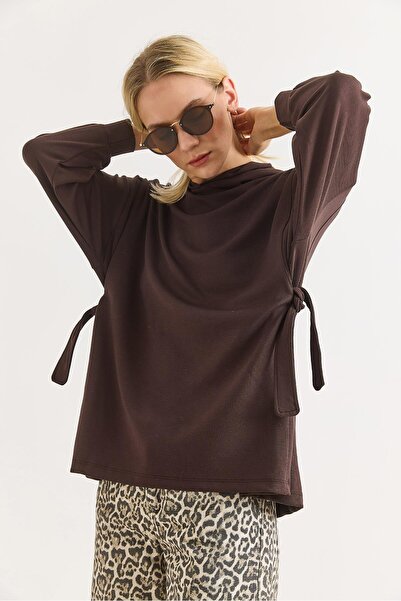 Juuuj Brown Modal Fabric Hooded Collar Oversize Tunic with Tie Sides and Long...