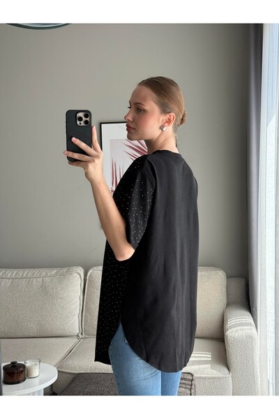 Juuuj Tricou negru din bumbac pieptănat, cu decolteu rotund, croială ovală, c...