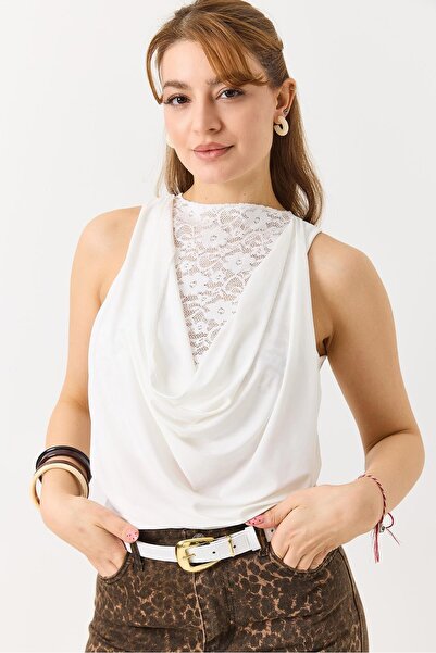 Juuuj White Lace Detailed Degaje Collar Backless Blouse That Does Not Highlig...