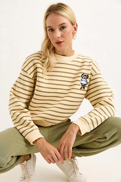 Juuuj Khaki Three-Thread Textured Crew Neck Relaxed Fit Striped Embroidery De...