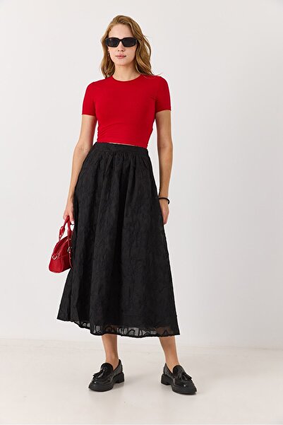 Juuuj Black Cotton Skirt with Elasticated Back Waist, Side Zipper, Floral Emb...