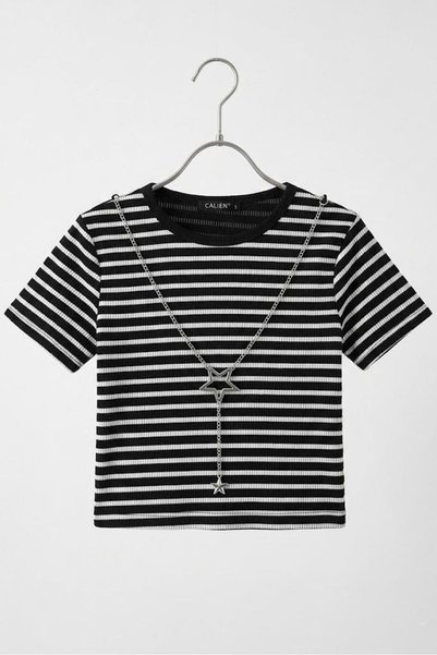 Juuuj Black Ribbed Stretch Fabric Crew Neck Short Sleeve Crop Star Pendant Gi...