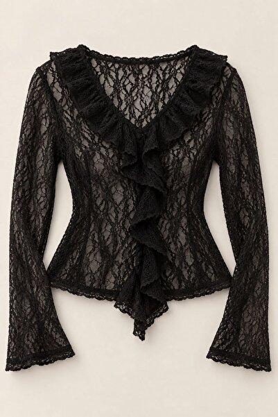 Juuuj Black Lycra Stretch Lace Fabric V-Neck Long Sleeve Ruffle Detailed Stan...