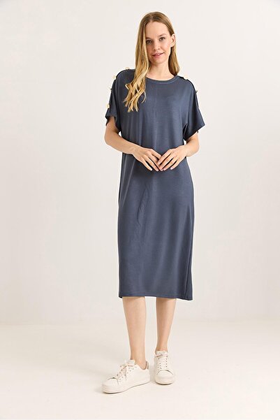 Juuuj Φόρεμα Indigo με ελαστική υφή, λαιμόκοψη ποδηλάτου, ντραπέ σχέδιο, λεπτ...