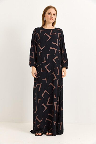 Juuuj Brown Viscose Fabric Dress with Elasticated Sleeves, Loose Fit, Comfort...