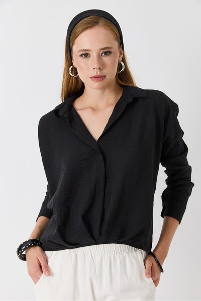 Juuuj Black Lightly Transparent Shirt with Collar, Loose-Fitting, Short Front and Long Back Cut, Low Shoulder Shirt
