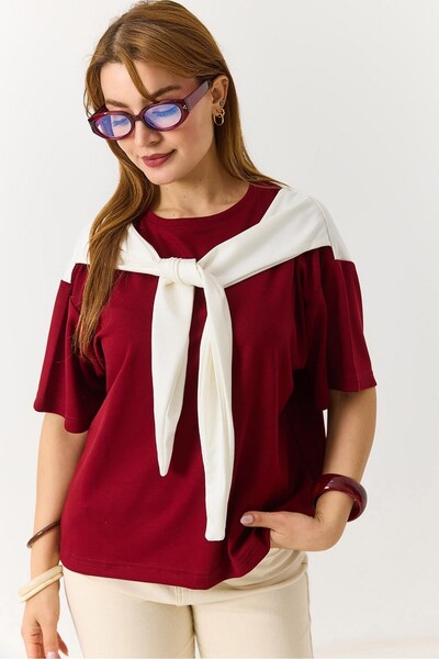 Juuuj Tricou tricotat cu textură elastică, culoare burgundy, cu guler tip cre...