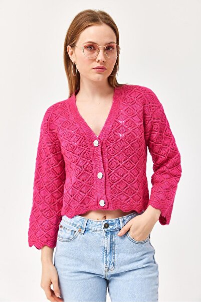 Juuuj Fuchsia Acrylic Knitted Balloon Sleeve Crop Form Button Detailed Knitte...