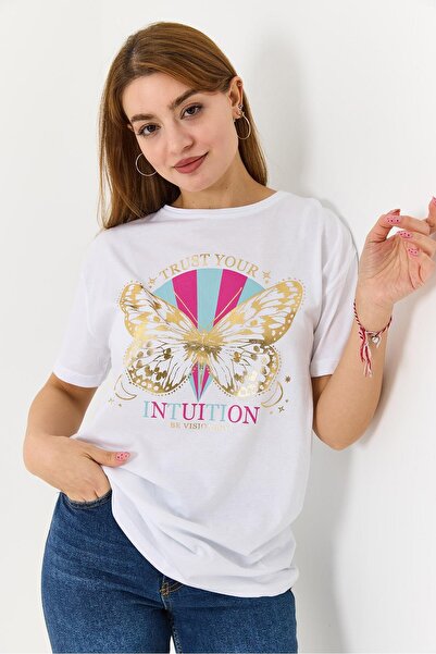 Juuuj White Flexible Textured Crew Neck Short Sleeve Modern Butterfly Printed...