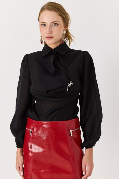 Juuuj Black Viscose Blended Stretch Fabric High Collar Transparent Blouse wit...