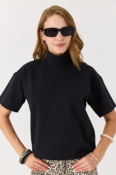 Juuuj Black Modal Fabric Turtleneck Short Sleeve Modern Cut Soft Textured Kni...